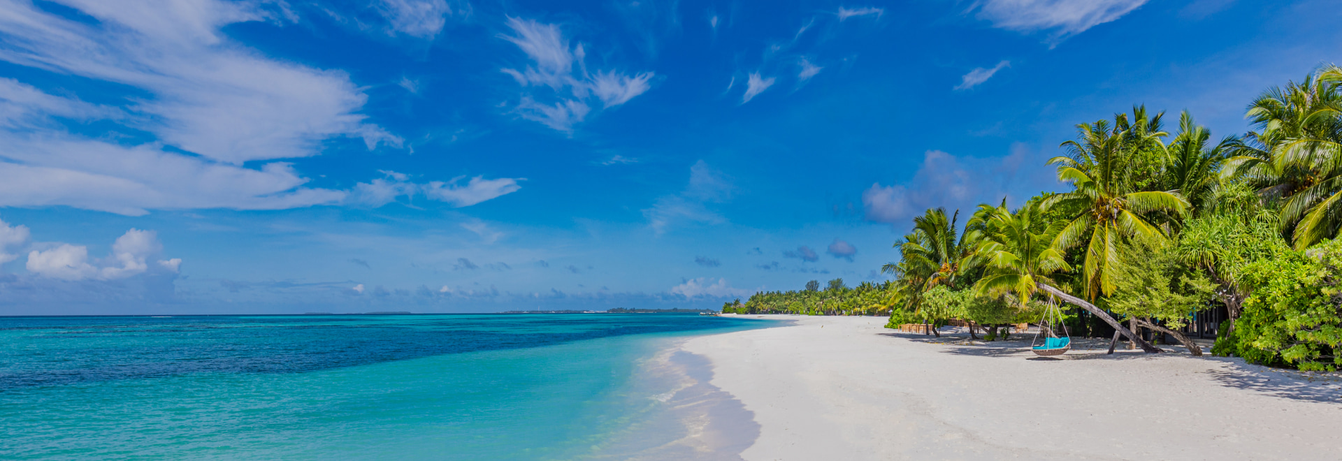 photographie d'une plage avec sable blanc, palmiers et eau turquoise