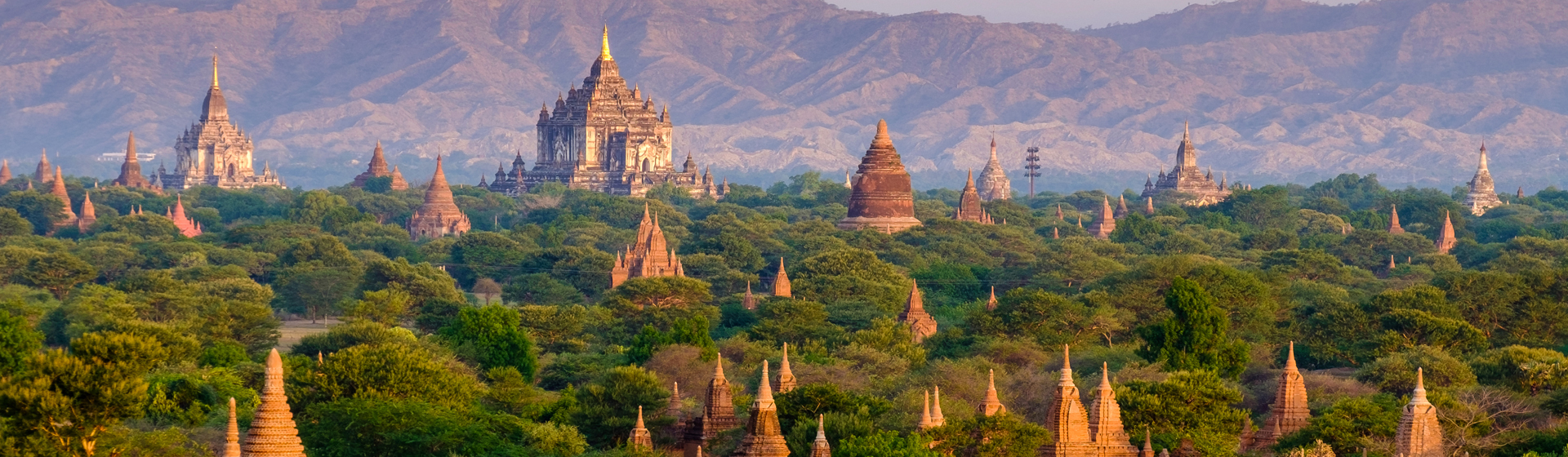image de plusieurs temples, stūpas et pagodes à perte de vue, au cœur d'une verte et paisible vallée située sur les rives de l'Irrawaddy en Birmanietemples l'Irrawaddy