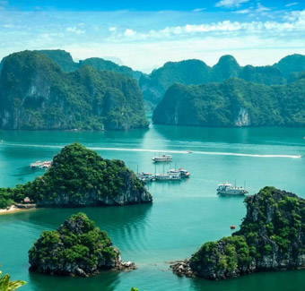 image de la Baie d'Halong avec beaucoup de pêcheurs et de verdures