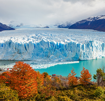 image du glacier perito moreno en patagonie juste en face d'une forêt coloré