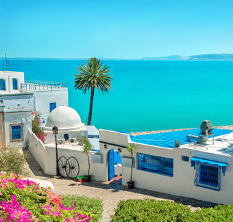 image d'un paysage panoramique avec des maisons blanches typiques et une belle vue sur la mer à Sidi Bou Said en Tunisie