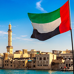 image du drapeau Émirats arabes unis de couleurs noire, blanche, verte et rouge, devant une ville