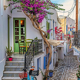 image d'une petite ruelle, fleurie et colorée sur les devantures de maisons au niveau des portes et fenêtres