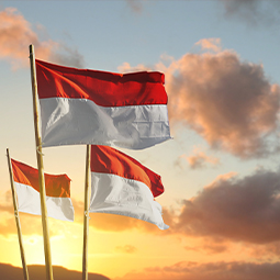 image de 3 drapeaux indonésiens lors d'un coucher de soleil