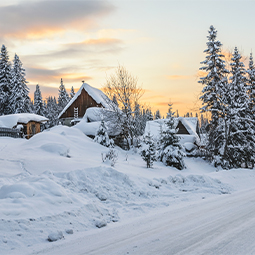 image du village de Sibérie en hiver avec de la neige au coucher du soleil, avec des maisons près de la forêt et un chien qui court le long de la route