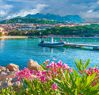 image sur le port et le village de Porto Cervo en Sardaigne avec la mer, des fleurs, des montagnes et des maisons