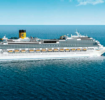 image d'un grand bateau de croisière blanc Costa Croisière naviguant sur la mer